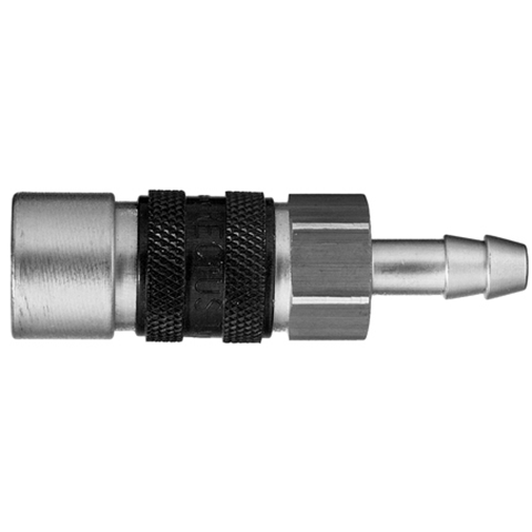 45555700 Coupling - Single Shut-off - Hose Barb Rectus and Serto Single shut-off quick couplers work without a valve in the nipple but with a valve in the quick coupler. The flow is stalled when the connection is broken. (Rectus KA serie)