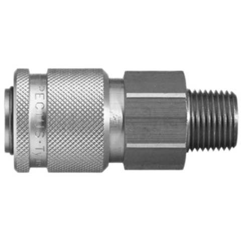 48697580 Coupling - Single Shut-off - Male Thread Rectus and Serto Single shut-off quick couplers work without a valve in the nipple but with a valve in the quick coupler. The flow is stalled when the connection is broken. (Rectus KA serie)