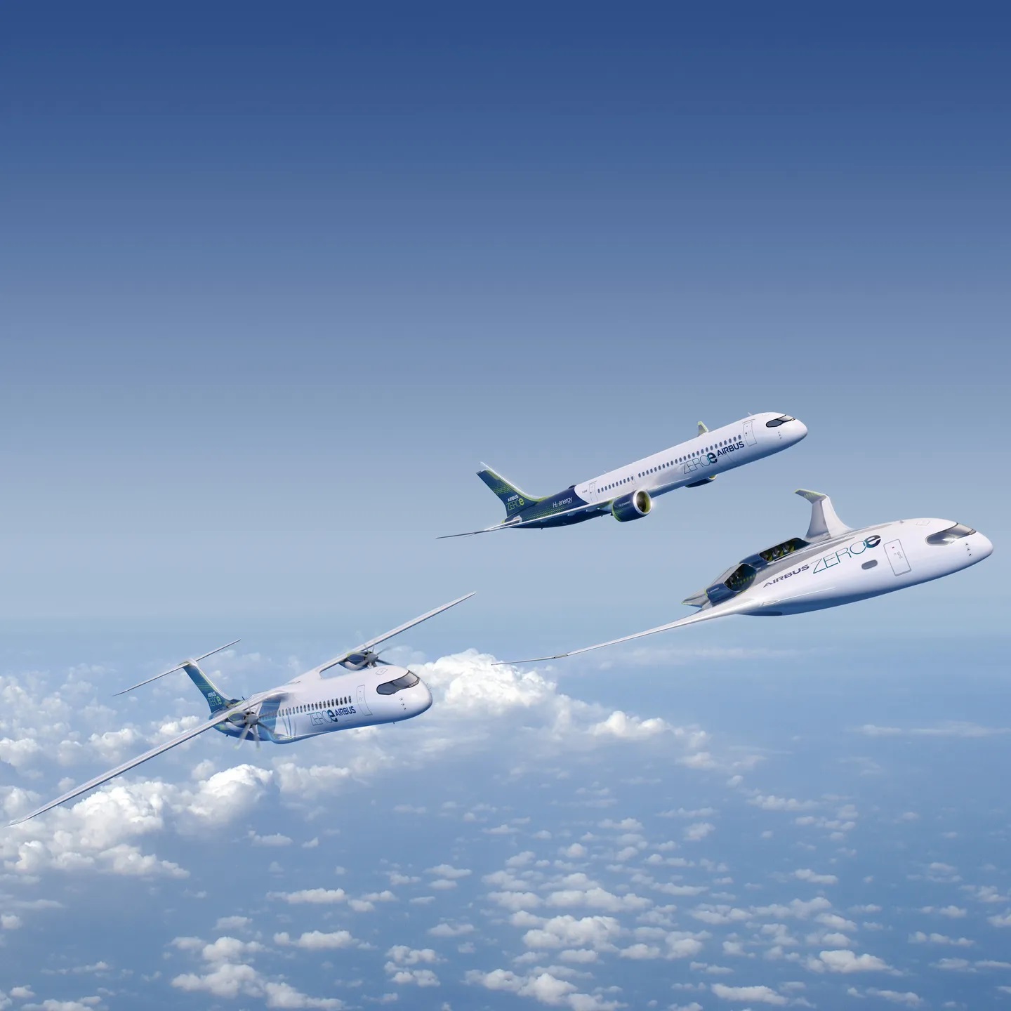Photo: three generations of hybrid-electric and hydrogen-electric aircraft as planned by Airbus.